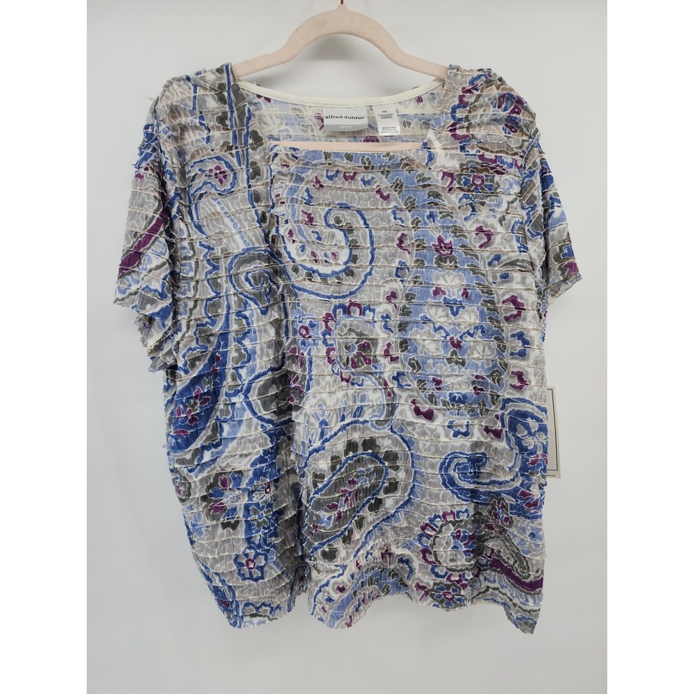 Alfred Dunner Petite PXL Blue Purple Paisley Crinkle Textured Short Sleeve Top